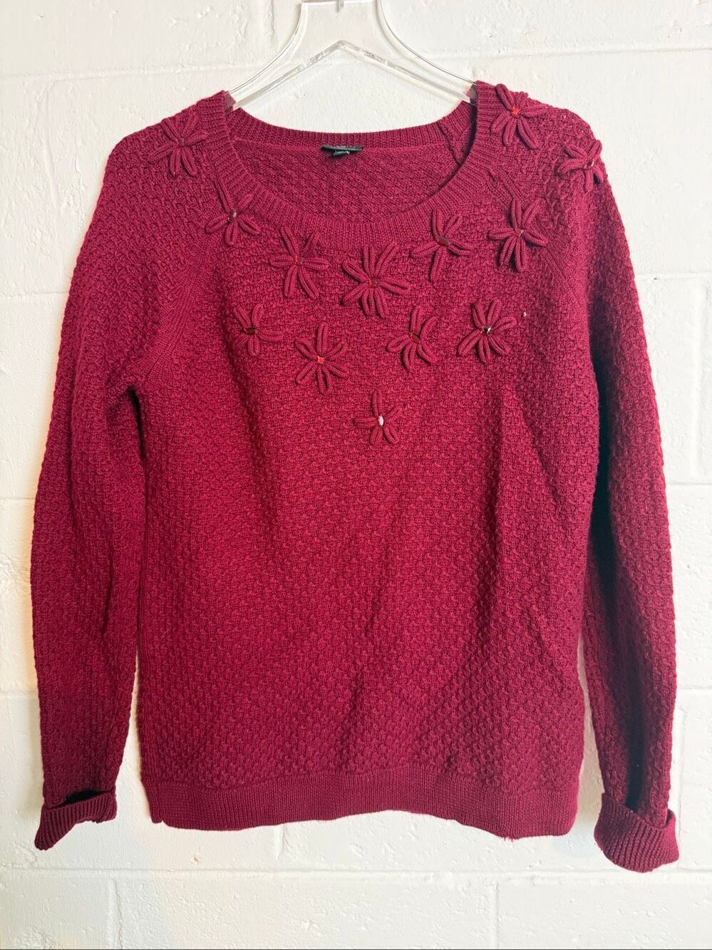 Talbots Women’s Petite LP 100% Merino Wool Burgundy Floral Appliqué Sweater